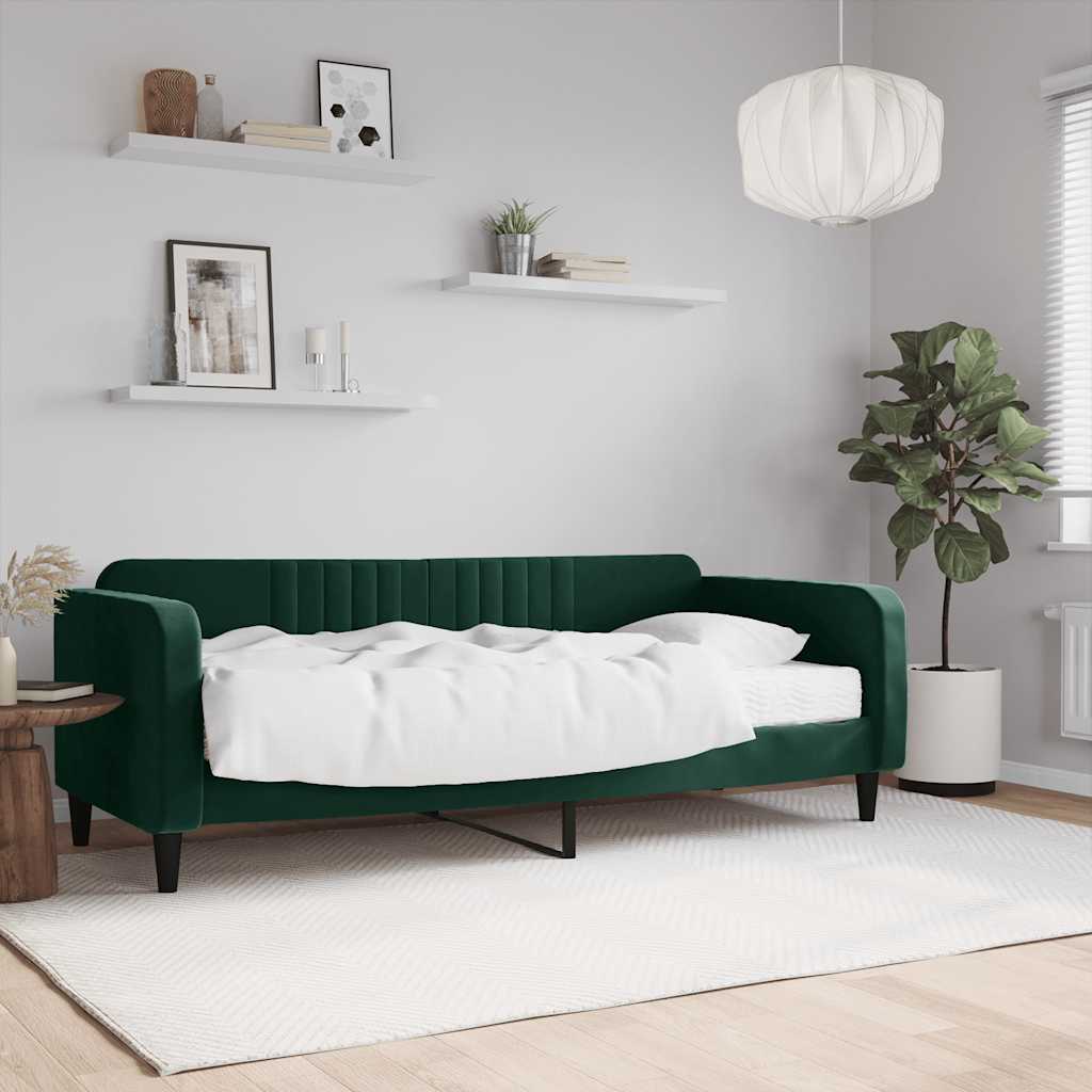 vidaXL Καναπέ Κρεβάτι με Στρώμα Σκούρο πράσινο 90 x 200 εκ. Βελούδινος