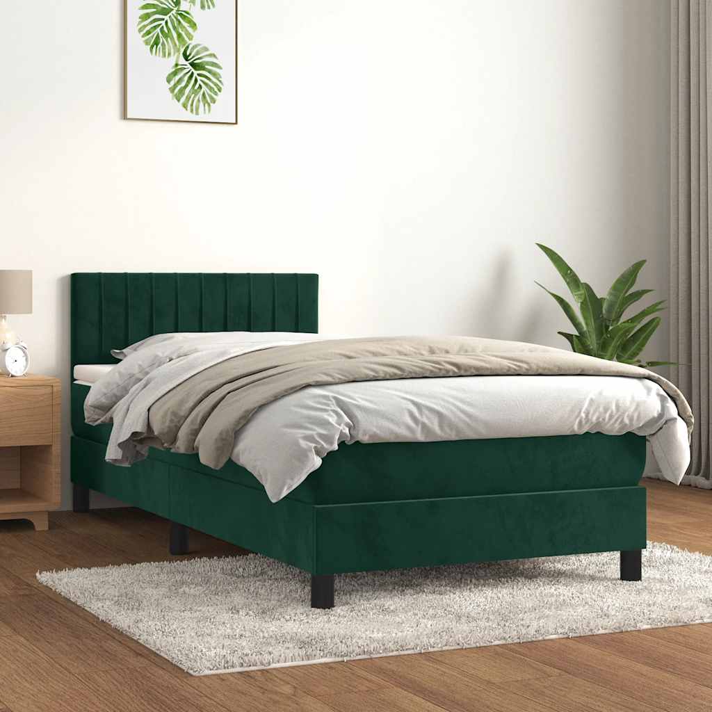vidaXL Κρεβάτι Boxspring με Στρώμα Σκούρο Πράσινο 90x200 εκ. Βελούδινο