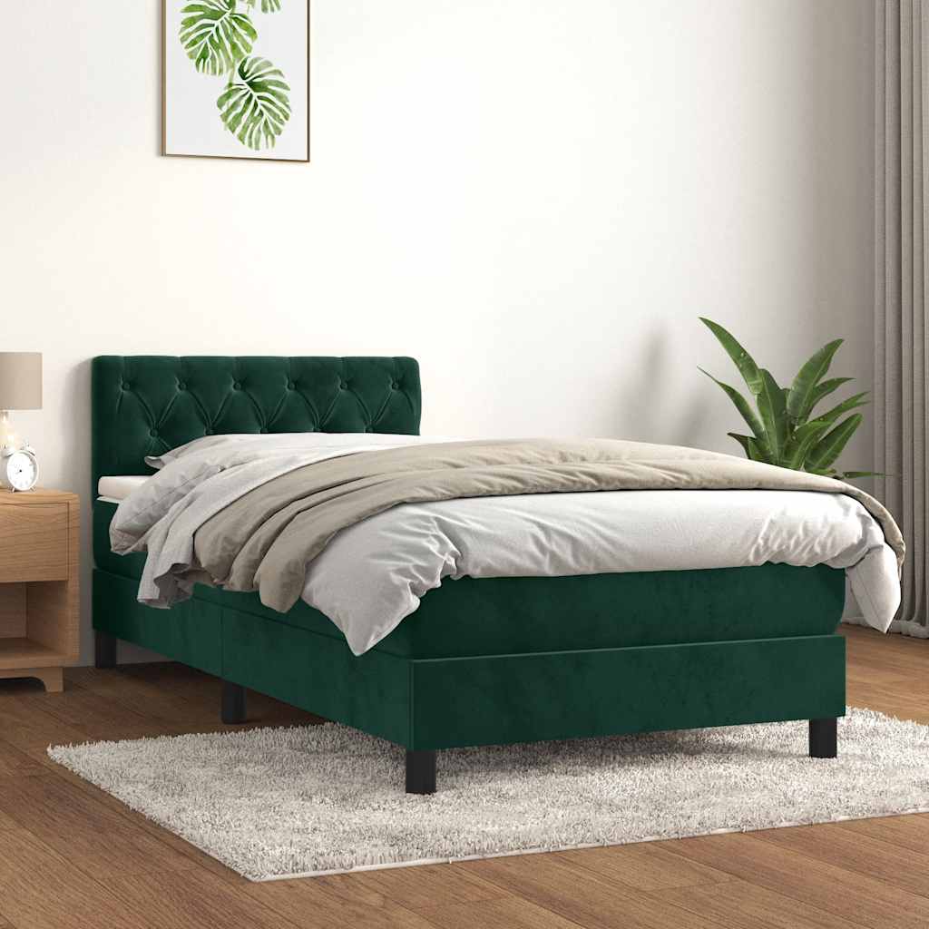 vidaXL Κρεβάτι Boxspring με Στρώμα Σκούρο Πράσινο 100x200εκ. Βελούδινο