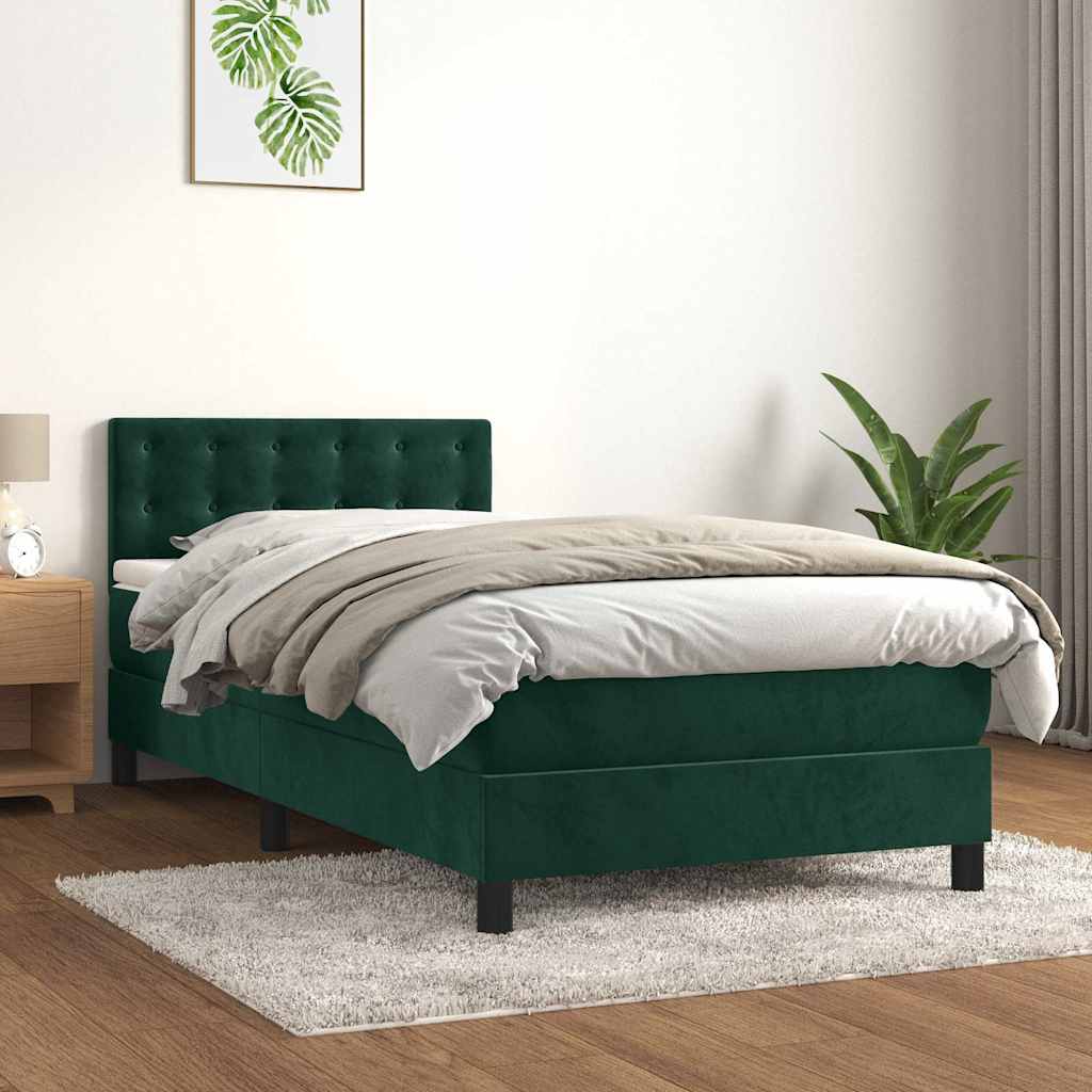 vidaXL Κρεβάτι Boxspring με Στρώμα Σκούρο Πράσινο 90x200 εκ. Βελούδινο