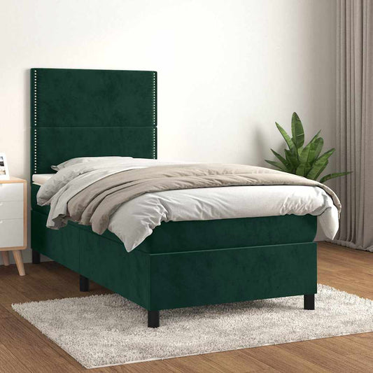 vidaXL Κρεβάτι Boxspring με Στρώμα Σκούρο Πράσινο 90x190 εκ. Βελούδινο