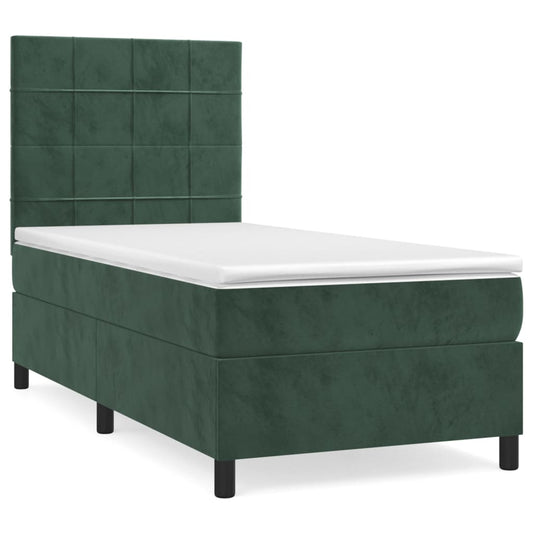 vidaXL Κρεβάτι Boxspring με Στρώμα Σκούρο Πράσινο 90x200 εκ. Βελούδινο