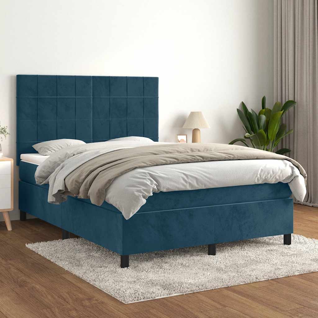 vidaXL Κρεβάτι Boxspring με Στρώμα Σκούρο Μπλε 140x190 εκ. Βελούδινο