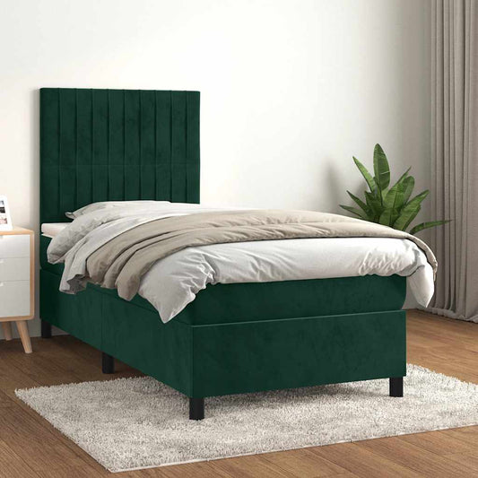 vidaXL Κρεβάτι Boxspring με Στρώμα Σκούρο Πράσινο 90x190 εκ. Βελούδινο