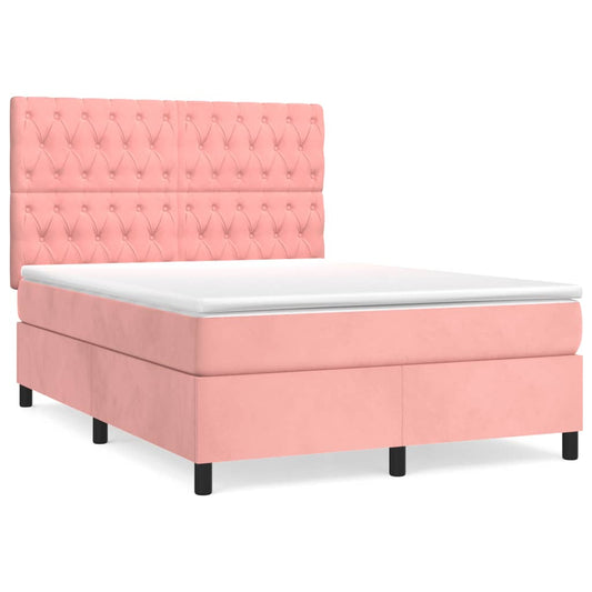 vidaXL Κρεβάτι Boxspring με Στρώμα Ροζ 140x200 εκ. Βελούδινο
