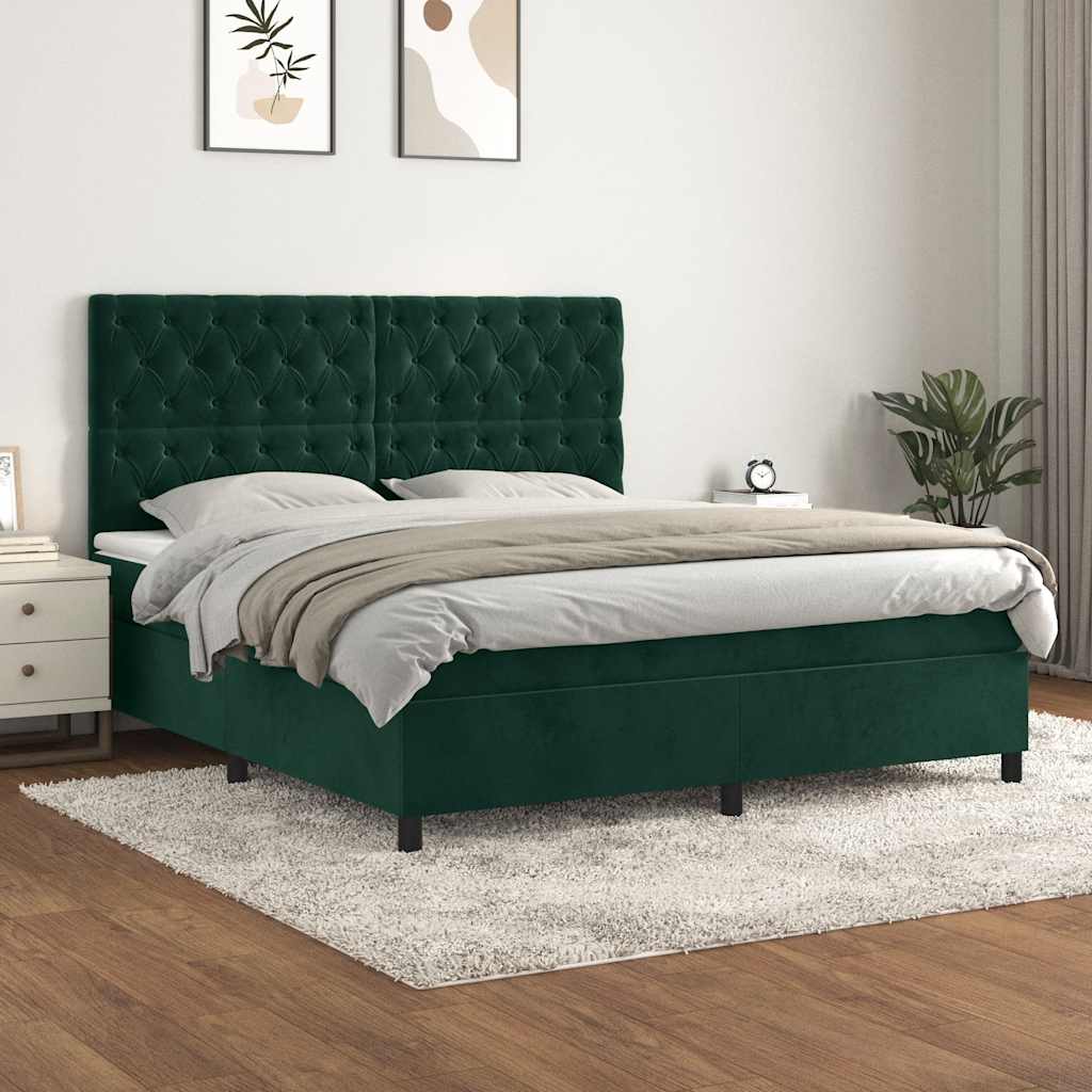 vidaXL Κρεβάτι Boxspring με Στρώμα Σκούρο Πράσινο 160x200εκ. Βελούδινο