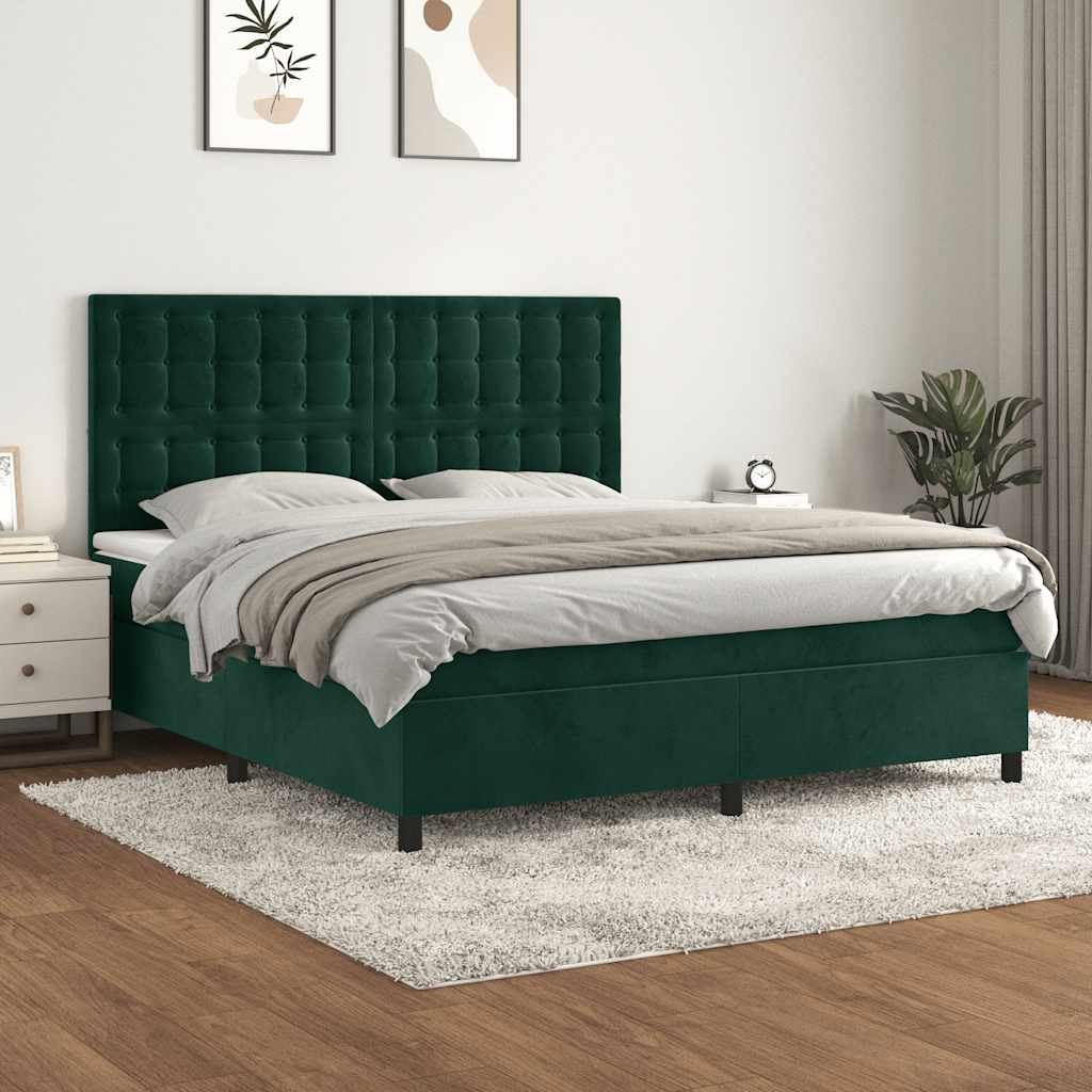 vidaXL Κρεβάτι Boxspring με Στρώμα Σκούρο Πράσινο 180x200εκ. Βελούδινο