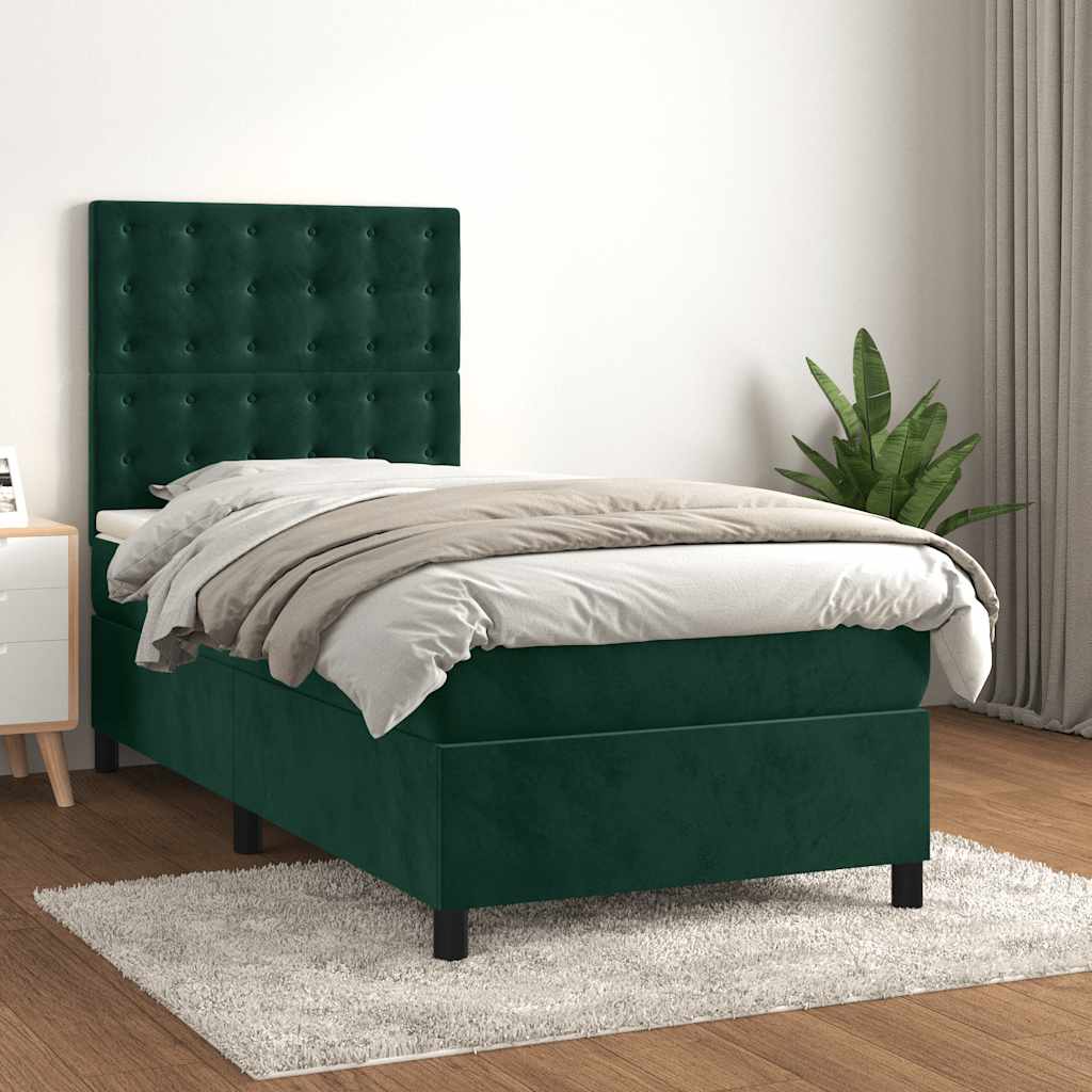 vidaXL Κρεβάτι Boxspring με Στρώμα Σκούρο Πράσινο 90x200 εκ. Βελούδινο