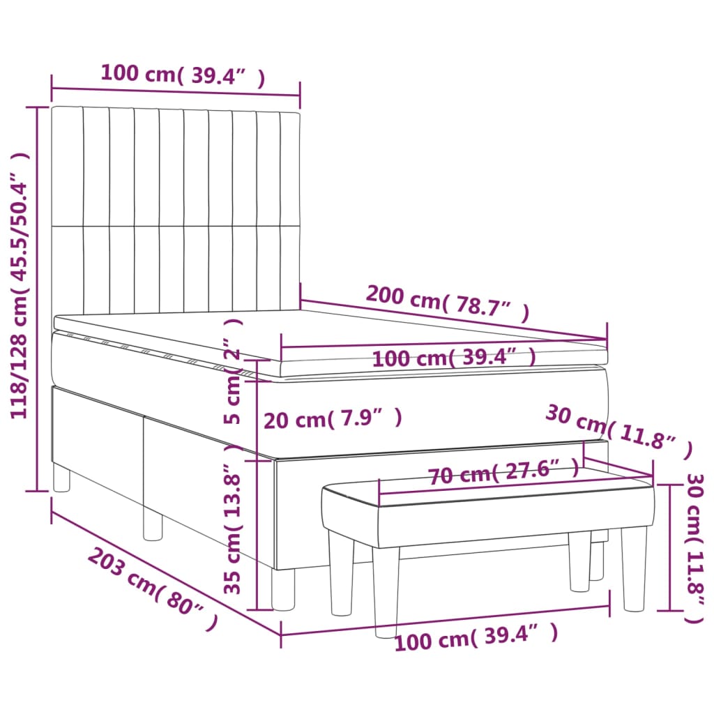vidaXL Κρεβάτι Boxspring με Στρώμα Ανοιχτό Γκρι 100x200 εκ. Υφασμάτινο