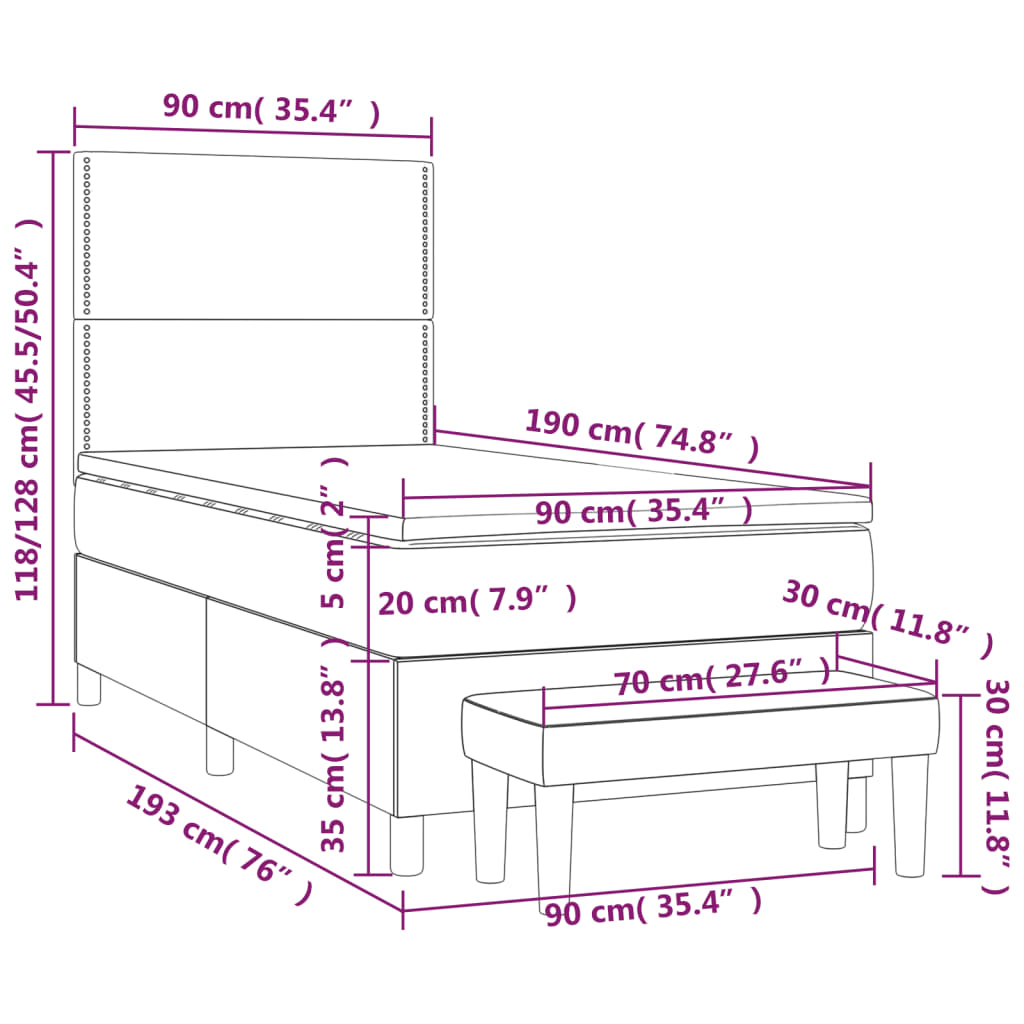 vidaXL Κρεβάτι Boxspring με Στρώμα Μπλε 90x190 εκ.Υφασμάτινο