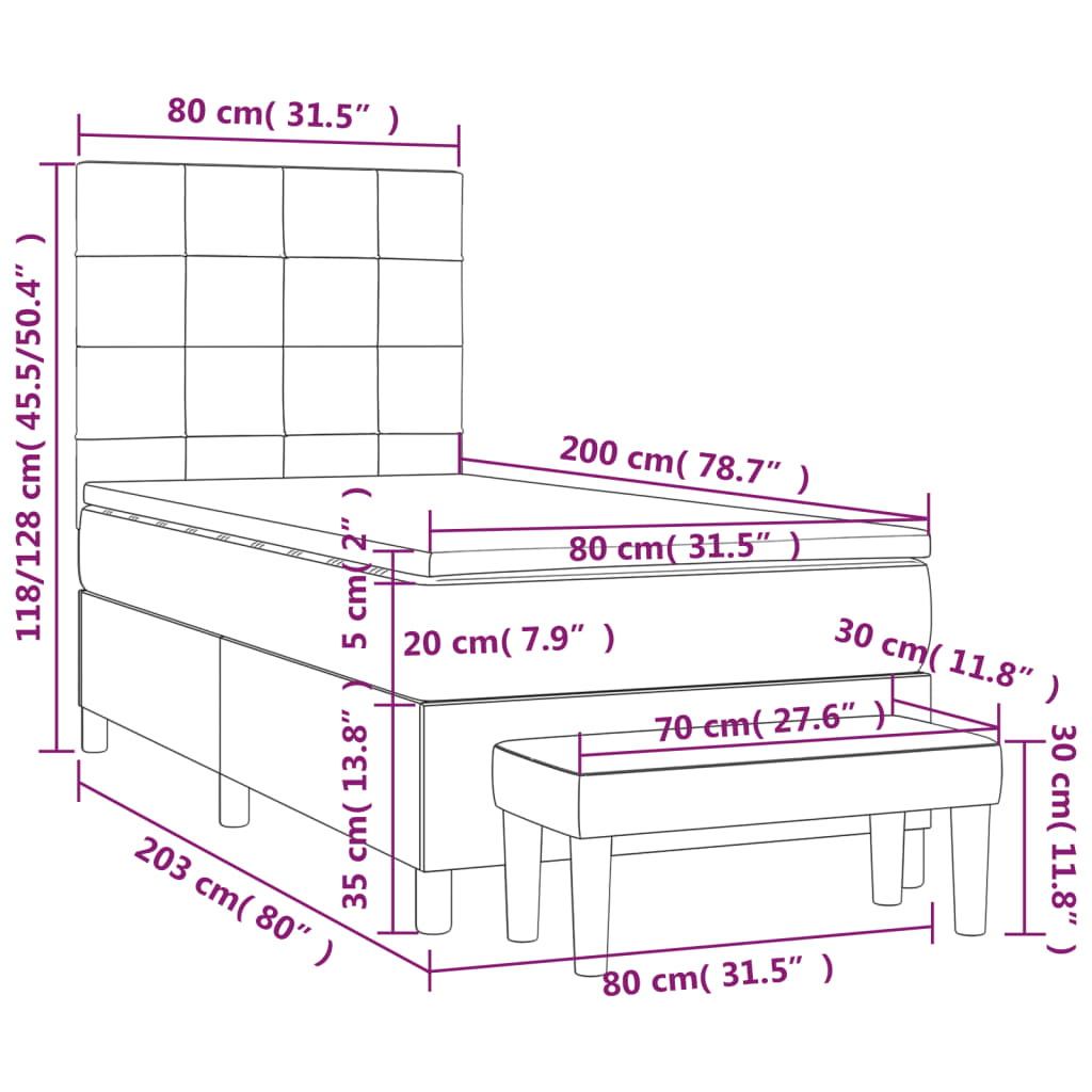 vidaXL Κρεβάτι Boxspring με Στρώμα Μαύρο 80 x 200 εκ. Υφασμάτινο
