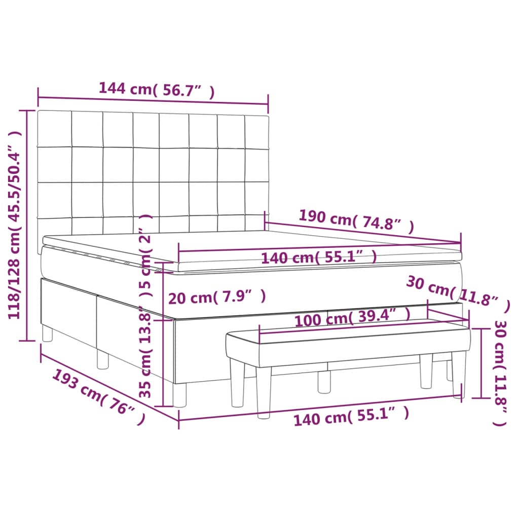 vidaXL Κρεβάτι Boxspring με Στρώμα Σκούρο Καφέ 140x190 εκ. Υφασμάτινο