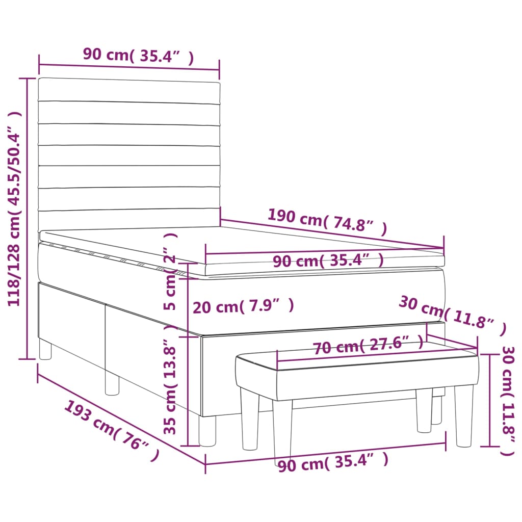 vidaXL Κρεβάτι Boxspring με Στρώμα Μαύρο 90x190 εκ.Υφασμάτινο