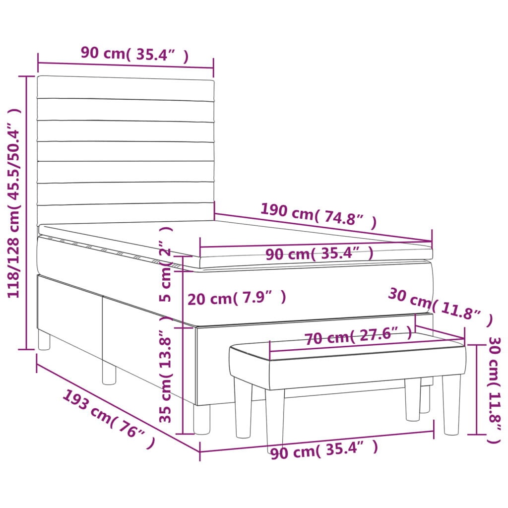 vidaXL Κρεβάτι Boxspring με Στρώμα Σκούρο Καφέ 90x190 εκ. Υφασμάτινο