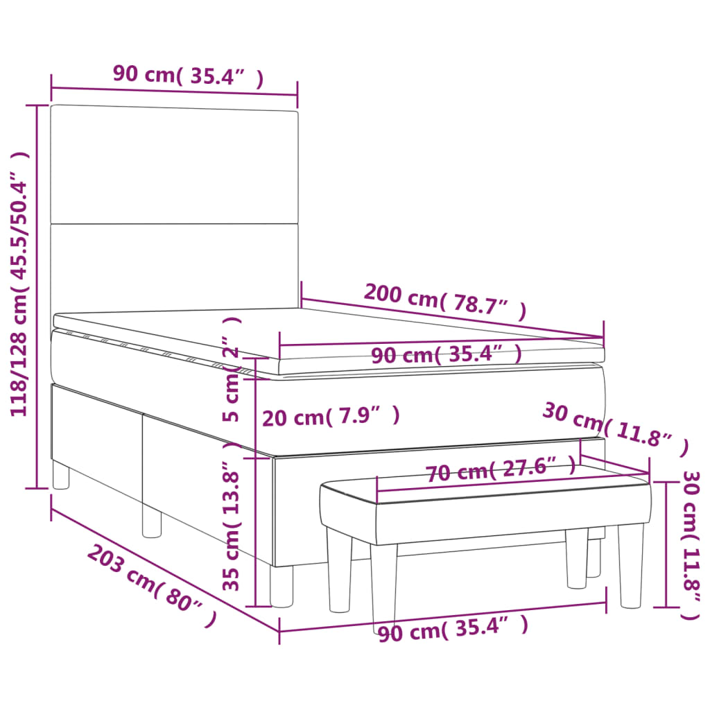 vidaXL Κρεβάτι Boxspring με Στρώμα Γκρι 90x200 εκ. από Συνθετικό Δέρμα
