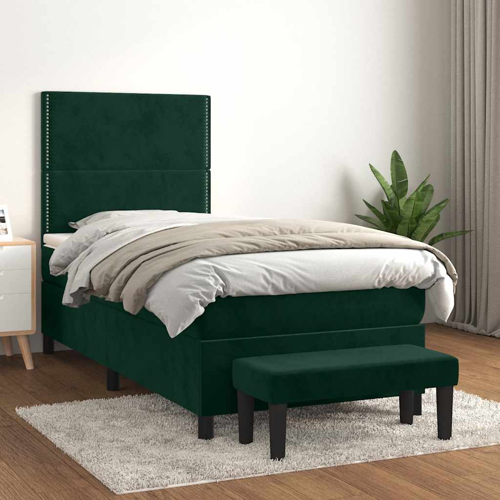 vidaXL Κρεβάτι Boxspring με Στρώμα Σκούρο Πράσινο 90x190 εκ. Βελούδινο