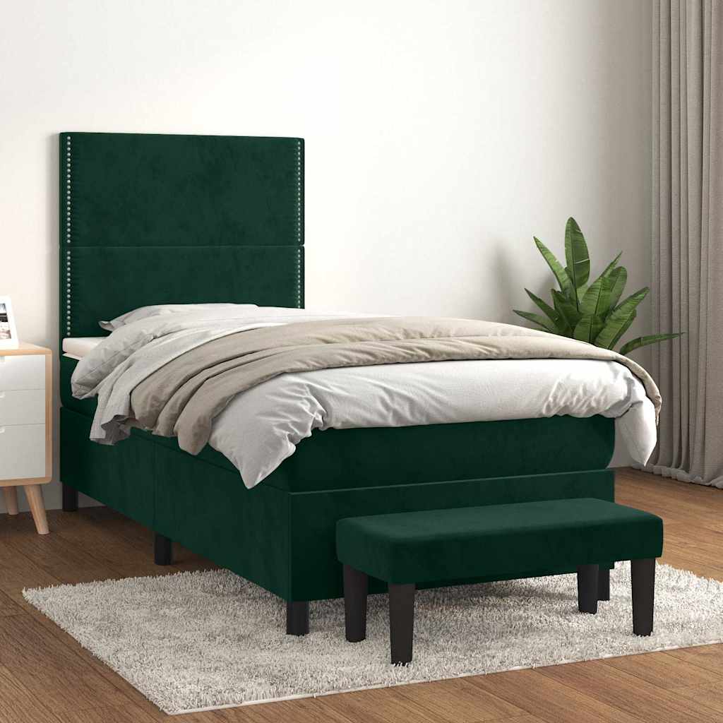 vidaXL Κρεβάτι Boxspring με Στρώμα Σκούρο Πράσινο 90x200 εκ. Βελούδινο