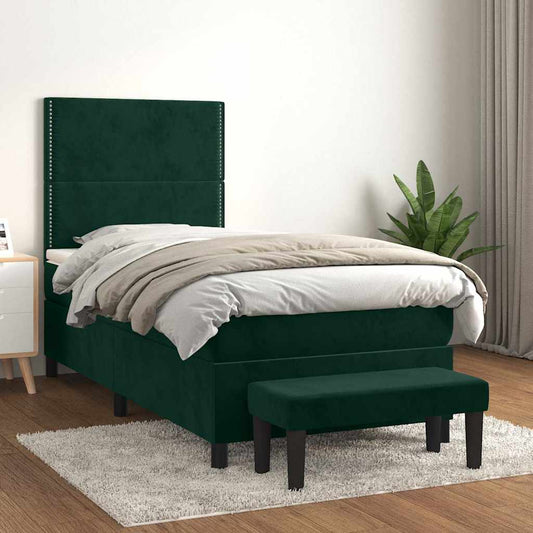 vidaXL Κρεβάτι Boxspring με Στρώμα Σκούρο Πράσινο 90x200 εκ. Βελούδινο