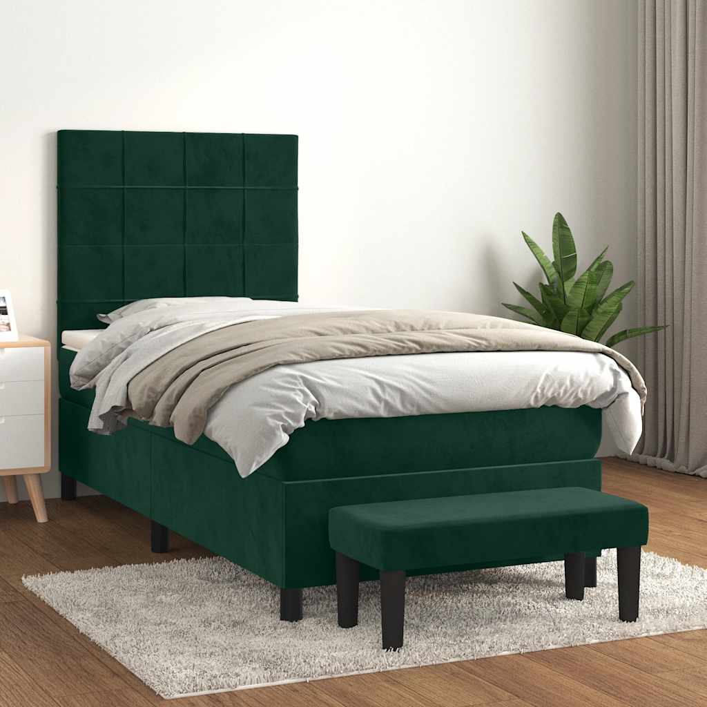 vidaXL Κρεβάτι Boxspring με Στρώμα Σκούρο Πράσινο 90x190 εκ. Βελούδινο