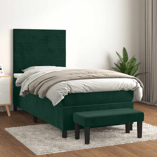 vidaXL Κρεβάτι Boxspring με Στρώμα Σκούρο Πράσινο 90x190 εκ. Βελούδινο