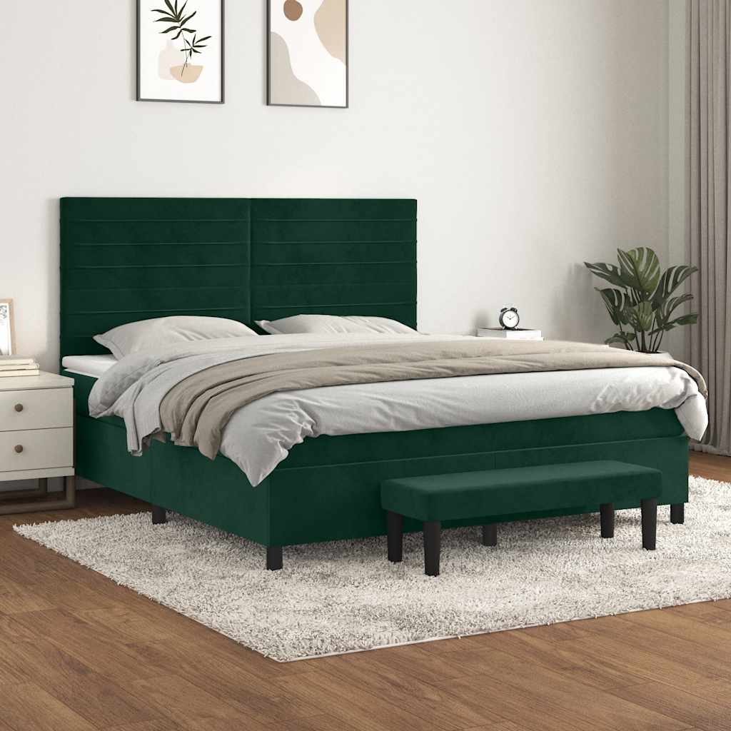 vidaXL Κρεβάτι Boxspring με Στρώμα Σκούρο Πράσινο 180x200εκ. Βελούδινο