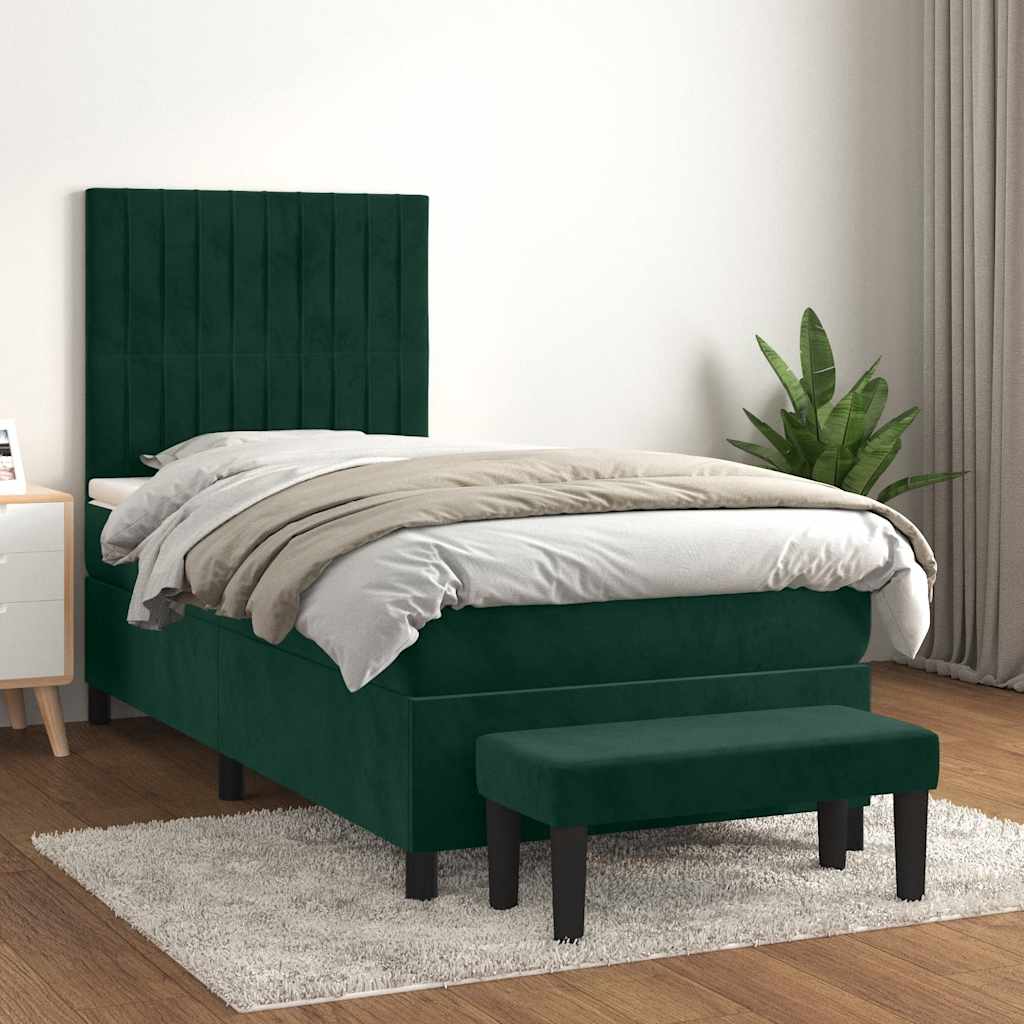 vidaXL Κρεβάτι Boxspring με Στρώμα Σκούρο Πράσινο 100x200εκ. Βελούδινο