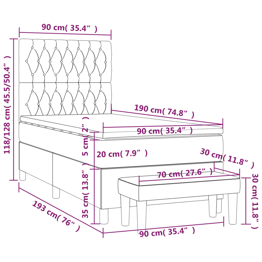 vidaXL Κρεβάτι Boxspring με Στρώμα Ανοιχτό Γκρι 90x190 εκ. Βελούδινο