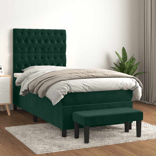 vidaXL Κρεβάτι Boxspring με Στρώμα Σκούρο Πράσινο 90x190 εκ. Βελούδινο