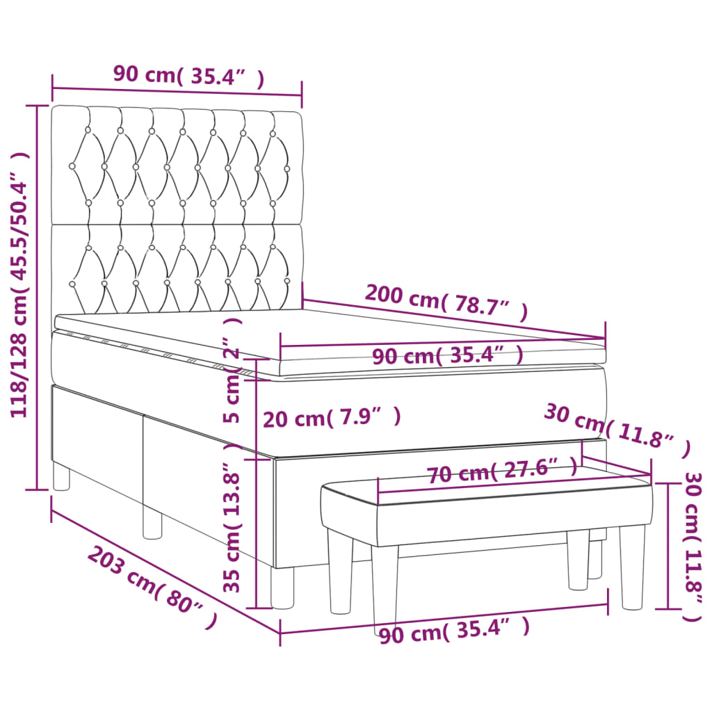 vidaXL Κρεβάτι Boxspring με Στρώμα Σκούρο Γκρι 90x200 εκ. Βελούδινο