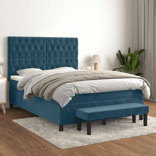 vidaXL Κρεβάτι Boxspring με Στρώμα Σκούρο Μπλε 140x190 εκ. Βελούδινο