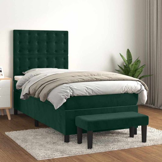 vidaXL Κρεβάτι Boxspring με Στρώμα Σκούρο Πράσινο 90x190 εκ. Βελούδινο