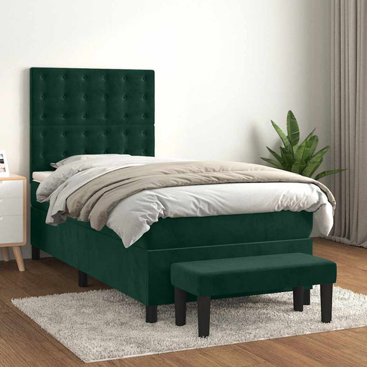 vidaXL Κρεβάτι Boxspring με Στρώμα Σκούρο Πράσινο 100x200εκ. Βελούδινο