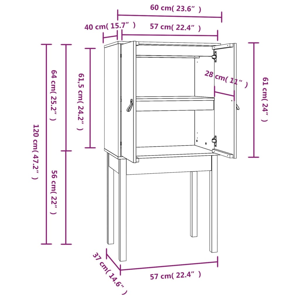 vidaXL Ντουλάπι Ψηλό Λευκό 60 x 40 x 120 εκ. από Μασίφ Ξύλο Πεύκου