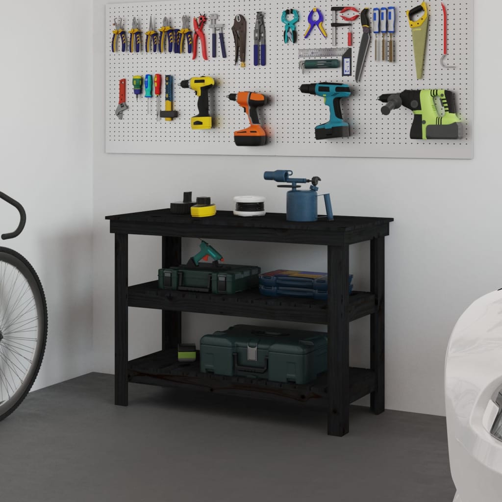 vidaXL Πάγκος Εργασίας Μαύρος 110,5x50x80 εκ. από Μασίφ Ξύλο Πεύκου