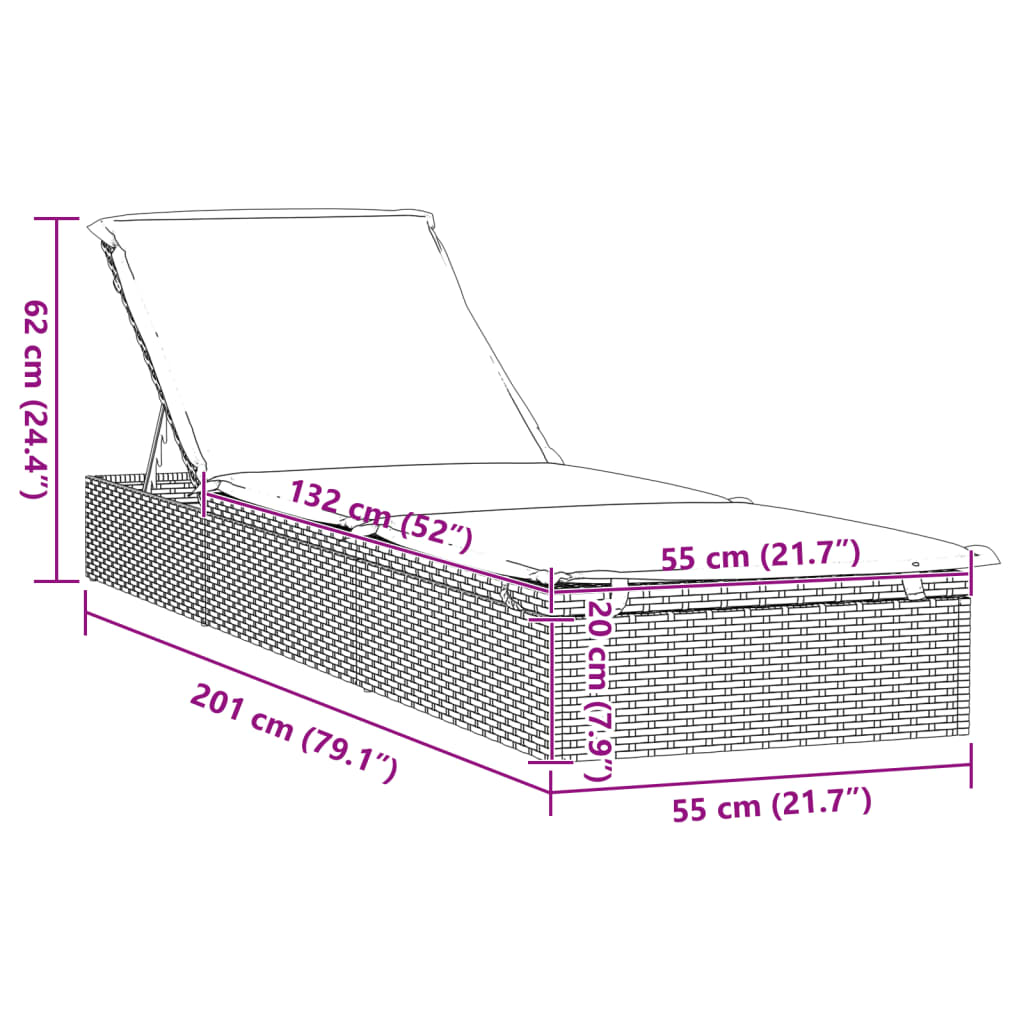 vidaXL Ξαπλώστρα 1 Τεμ. Μαύρη 201x55x62εκ. Συνθετικό Ρατάν με Μαξιλάρι