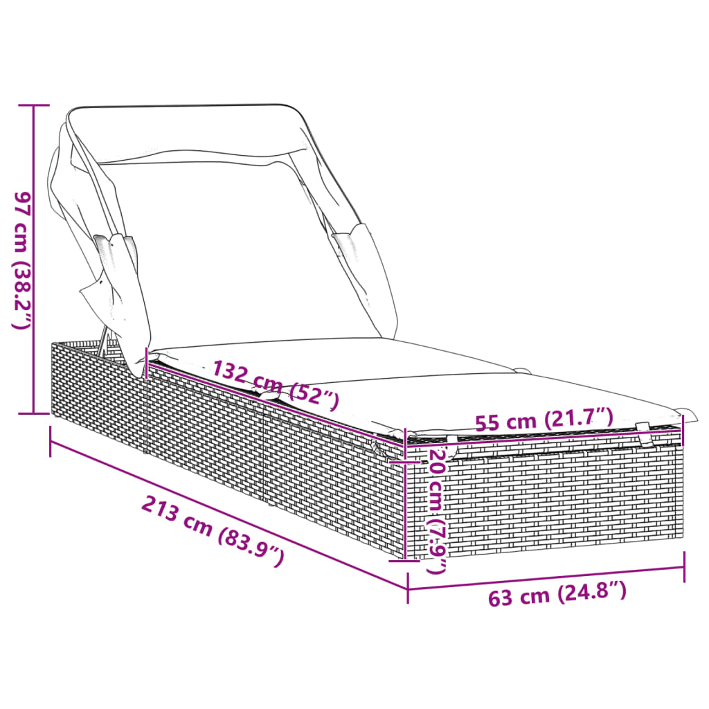 vidaXL Ξαπλώστρα με Πτυσσόμενη Οροφή Καφέ 213x63x97 εκ. Συνθ. Ρατάν