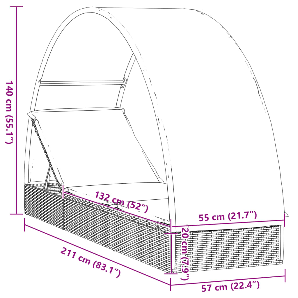 vidaXL Ξαπλώστρα με Στρογγυλή Οροφή Μαύρη 211x57x140 εκ. Συνθ. Ρατάν