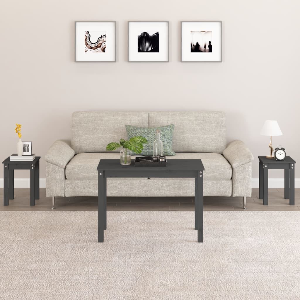 vidaXL Τραπεζάκια Ζιγκόν 3 τεμ. Γκρι από Μασίφ Ξύλο Πεύκου