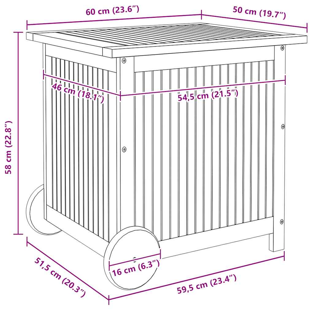 vidaXL Μπαούλο Αποθήκευσης Κήπου με Ρόδες 60x50x58 εκ. Μασίφ Ακακία