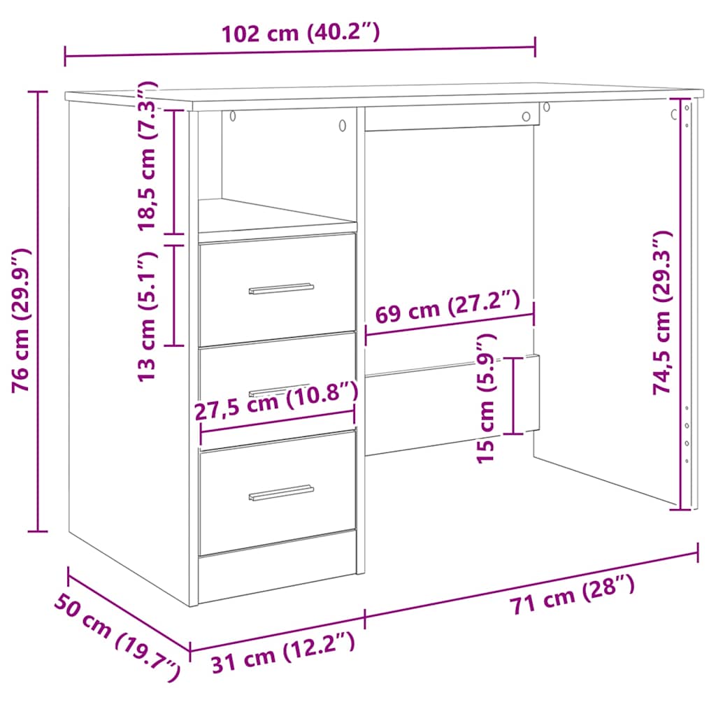 vidaXL Γραφείο με Συρτάρια Sonoma Δρυς 102x50x76 εκ Επεξεργασμένο Ξύλο