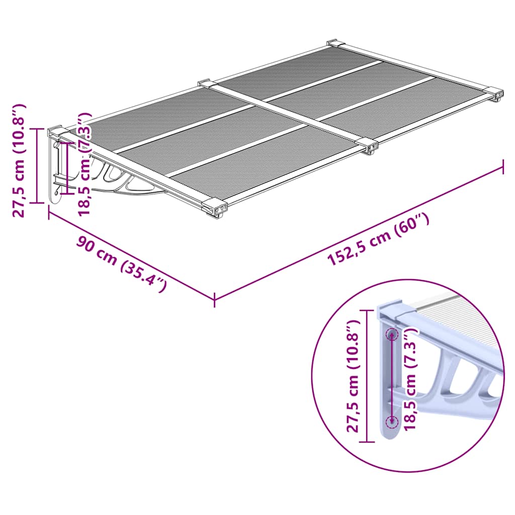 vidaXL Στέγαστρο Πόρτας Γκρι & Διαφανές 152,5x90 εκ από Πολυκαρβονικό