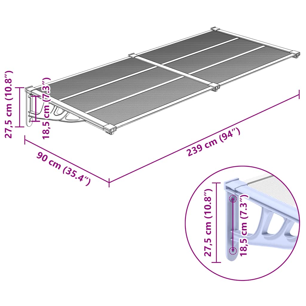 vidaXL Στέγαστρο Πόρτας Γκρι & Διαφανές 239x90 εκ από Πολυκαρβονικό