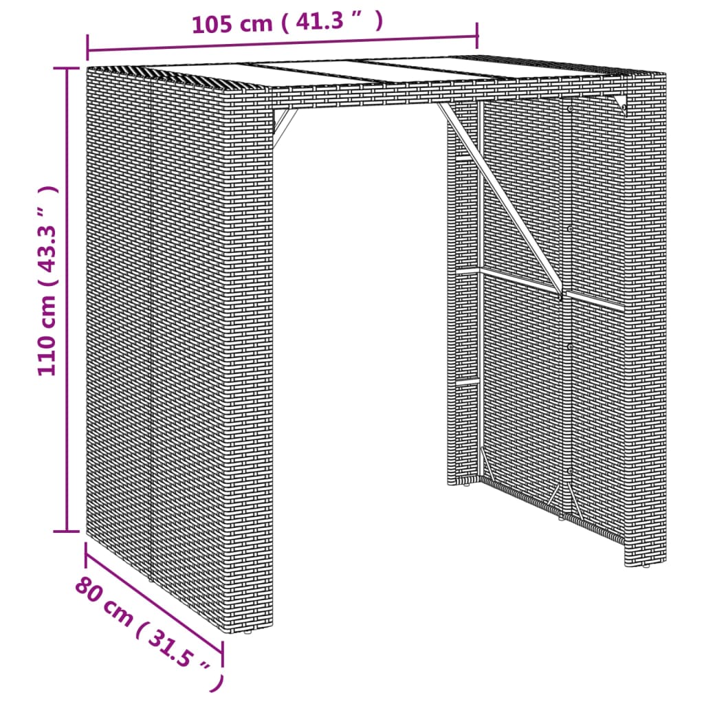 vidaXL Τραπέζι Μπαρ με Γυάλ. Επιφάνεια Γκρι 105x80x110 εκ. Συνθ. Ρατάν