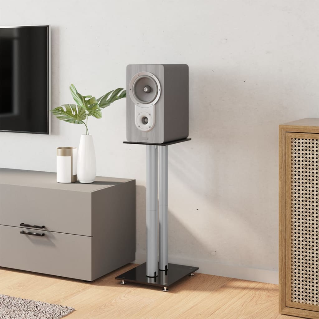 vidaXL Βάσεις Ηχείων με 2 Στήλες 2 Τεμ. Μαύρο/Ασημί από Ψημένο Γυαλί