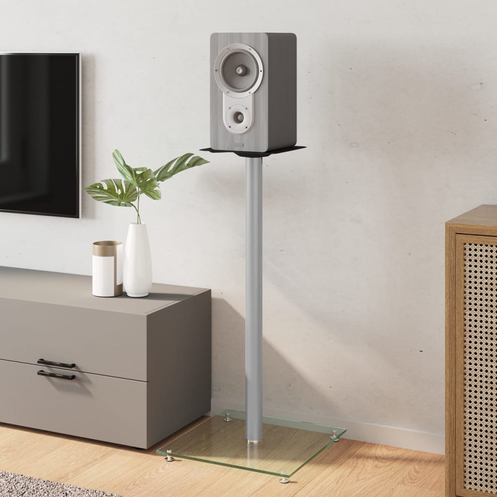 vidaXL Βάσεις Ηχείων με 1 Στήλη 2 τεμ. Ασημί από Ψημένο Γυαλί