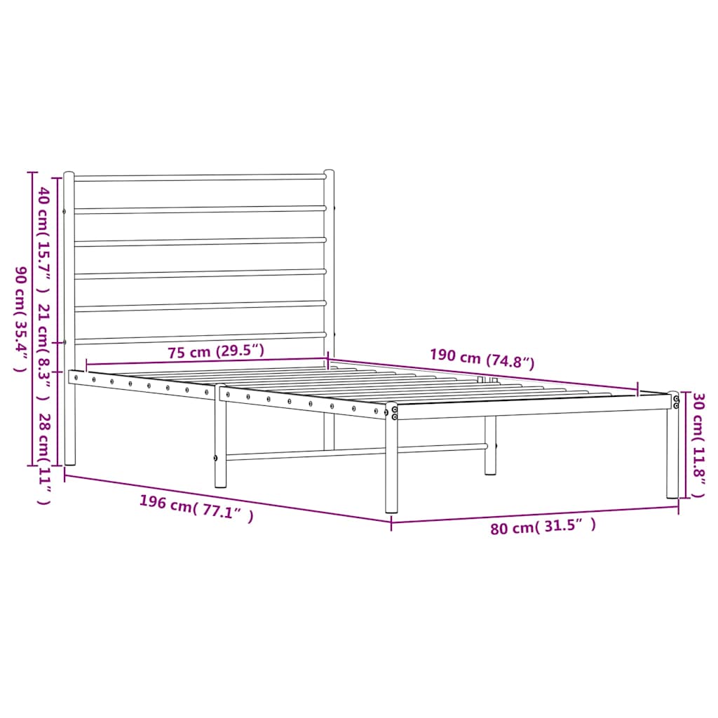 vidaXL Πλαίσιο Κρεβατιού με Κεφαλάρι Μαύρο 75 x 190 εκ. Μεταλλικό