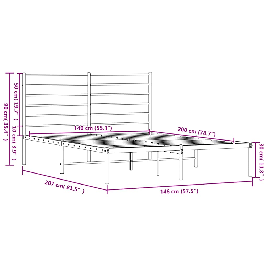 vidaXL Πλαίσιο Κρεβατιού με Κεφαλάρι Μαύρο 140 x 200 εκ. Μεταλλικό