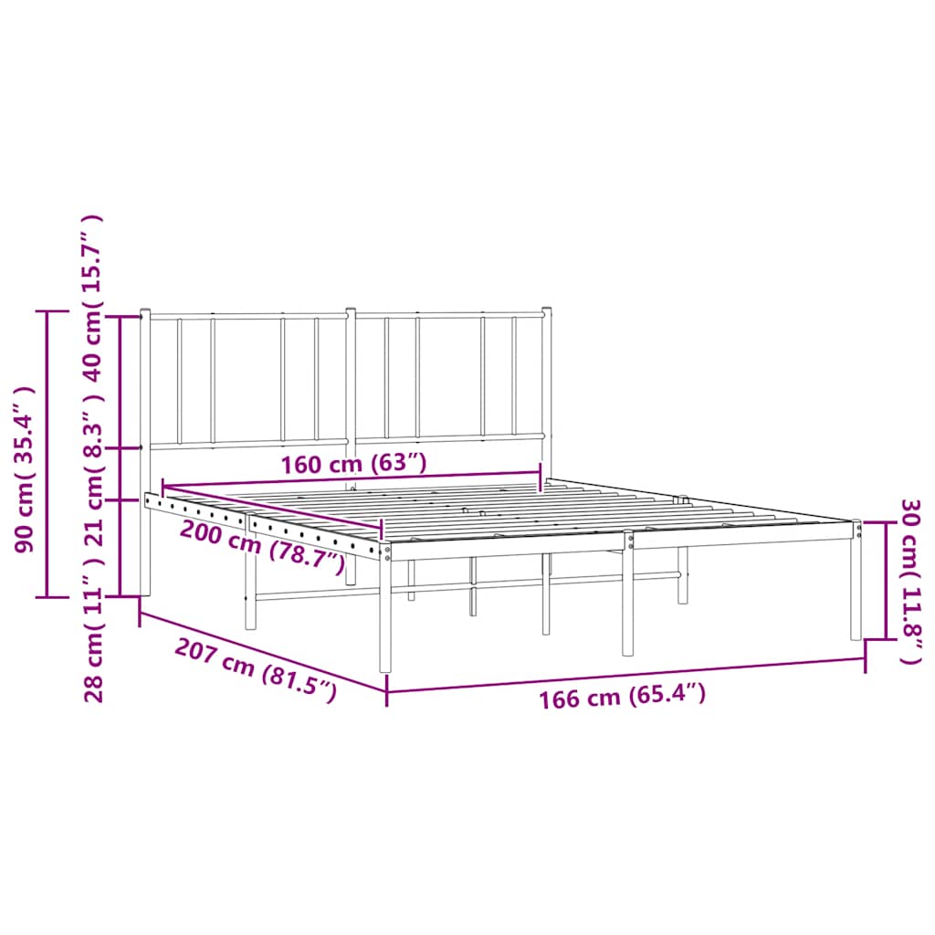 vidaXL Πλαίσιο Κρεβατιού με Κεφαλάρι Μαύρο 160 x 200 εκ. Μεταλλικό