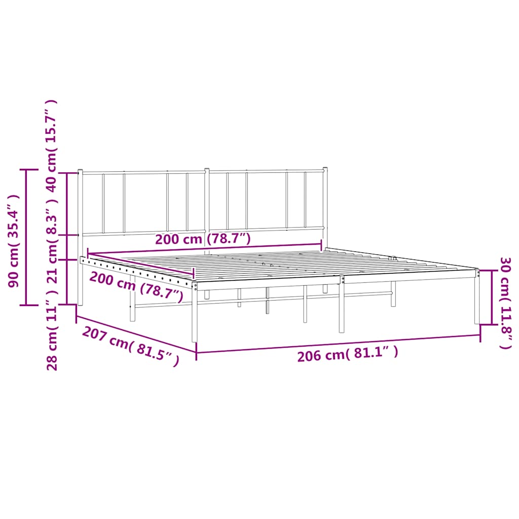 vidaXL Πλαίσιο Κρεβατιού με Κεφαλάρι Μαύρο 200 x 200 εκ. Μεταλλικό
