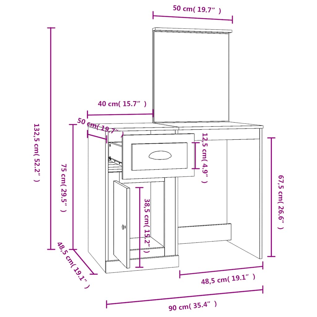vidaXL Μπουντουάρ με Καθρέφτη Γκρι Sonoma 90x50x132,5 εκ. Επεξ. Ξύλο